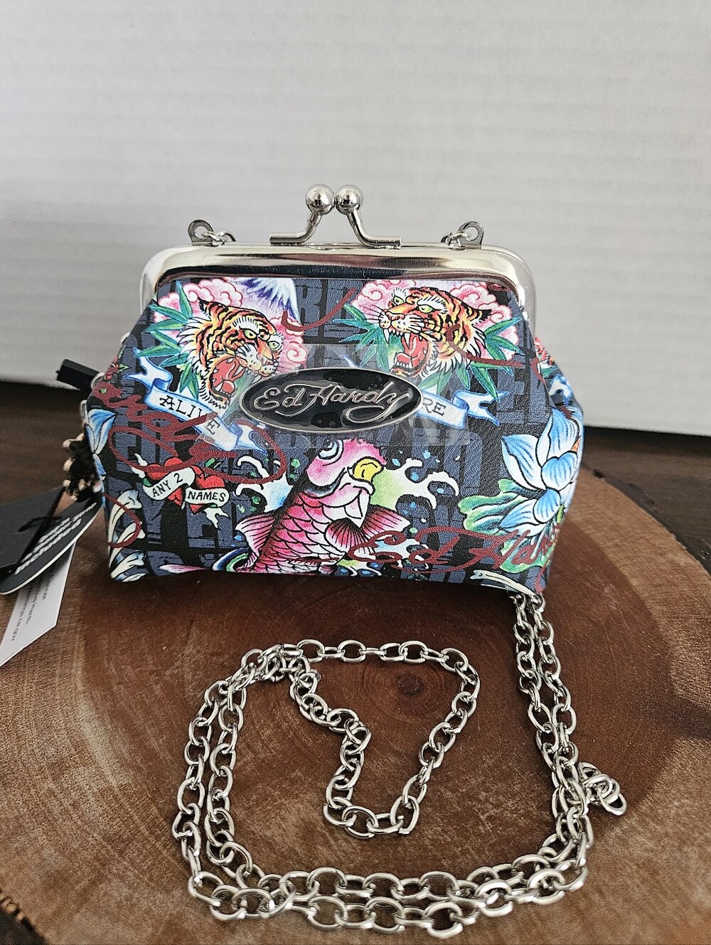 Ed Hardy Y2K Tattoo Print Kisslock Clutch Mini Chain Crossbody Shoulder Bag